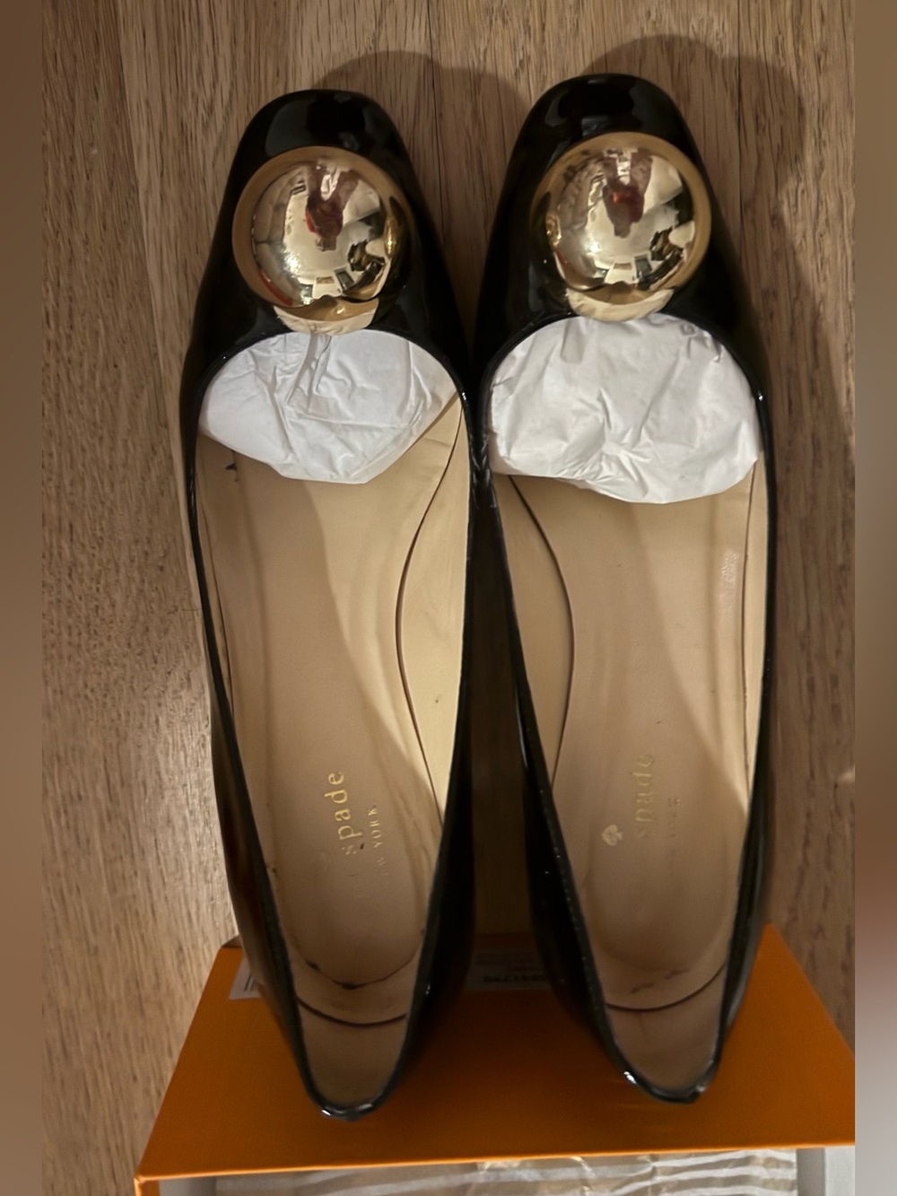 Kate Spade New York Black Patent block heel with Gold ball Accent